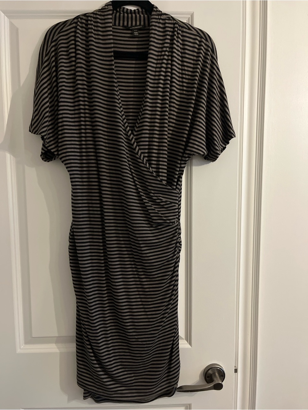 Banana Republic Black and Gray Striped Wrap-Front Midi Dress